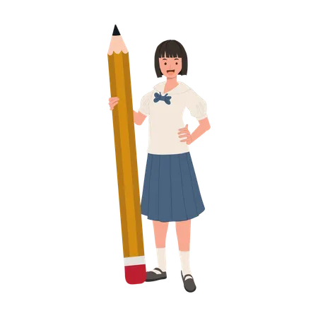 Academic Success And Cheerful Learning Concept Confident Thai Student In Uniform With Big Pencil Illustration