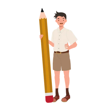 Confident Thai Student in Uniform with Big Pencil  Illustration