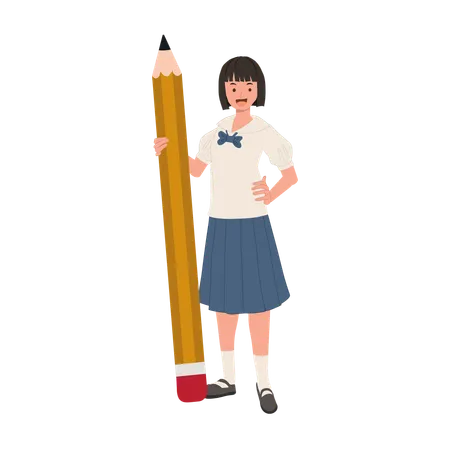 Confident Thai Student in Uniform with Big Pencil  Illustration