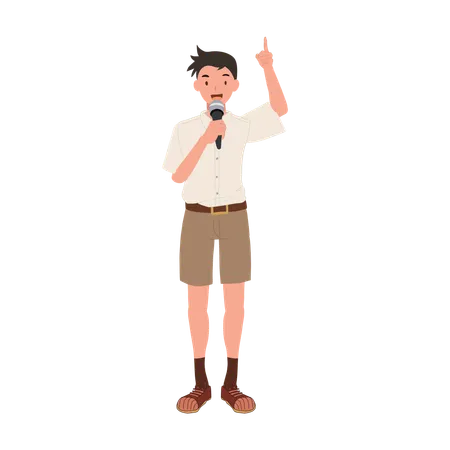 Confident Thai student Speaking with Microphone  Illustration