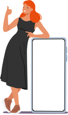 Confident Woman Character Giving A Thumbs-up While Leaning On A Giant Smartphone With A Blank Screen  Illustration