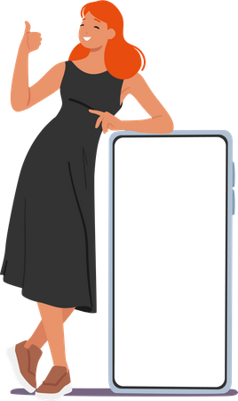 Confident Woman Character Giving A Thumbs-up While Leaning On A Giant Smartphone With A Blank Screen  Illustration