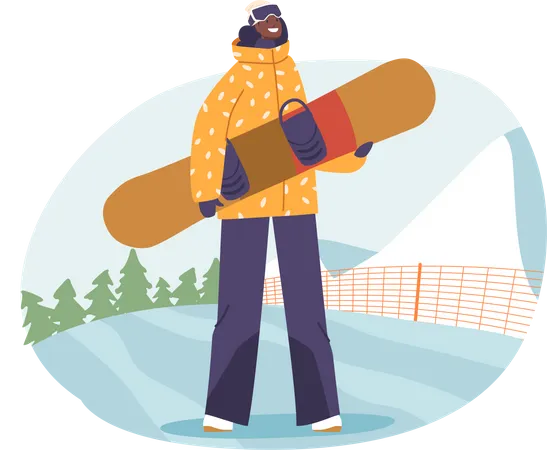 Confident Black Woman Character Holding A Snowboard Dressed For Adventure In Winter Gear Against A Snowy Mountain Backdrop Radiating Enthusiasm For The Slopes Cartoon People Vector Illustration Illustration