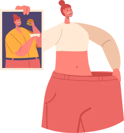 Confident Woman Proudly Wearing Oversized Pants Fit Female Character Displaying A Picture Of Her Former Self Before Her Remarkable Weight Loss Journey Cartoon People Vector Illustration Illustration