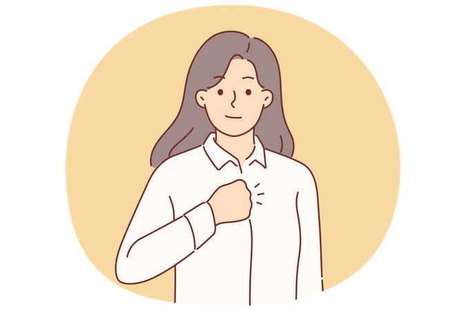 Confident woman puts fist to chest to swear oath or show determination to fight problems  Illustration