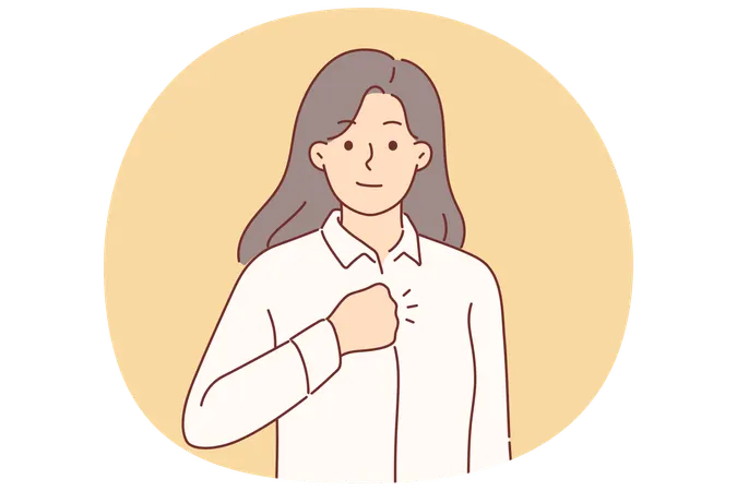 Confident woman puts fist to chest to swear oath or show determination to fight problems  Illustration