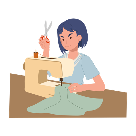 Confident woman sewing with machine and scissors in creative workspace for fashion design and textile craft  Illustration