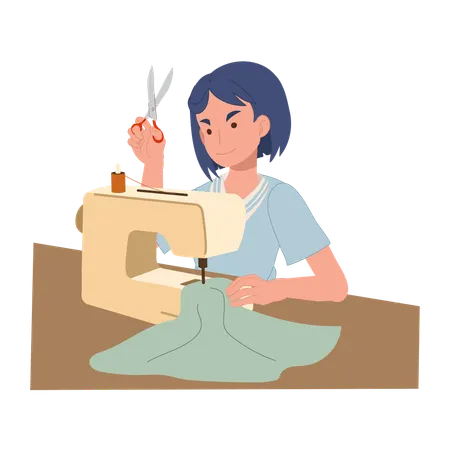 Confident woman sewing with machine and scissors in creative workspace for fashion design and textile craft  Illustration