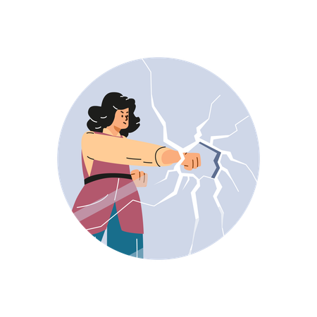 Confident woman smashing a glass barrier with her fist  Illustration