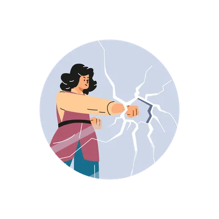 Confident woman smashing a glass barrier with her fist  Illustration