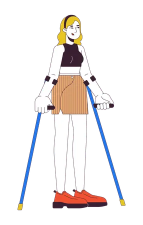 Confident Woman With Crutches 2 D Linear Cartoon Character European Female Using Aid In Walking Isolated Line Vector Person White Background Injury Recovering Color Flat Spot Illustration Illustration