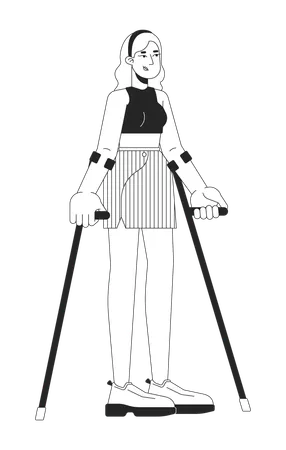 목발 흑백 2 D 라인 만화 캐릭터를 짚은 자신감 있는 여성 고립된 벡터 윤곽선 사람을 걷는 데 도움을 주는 유럽 여성 부상 회복 단색 플랫 스팟 일러스트 일러스트레이션
