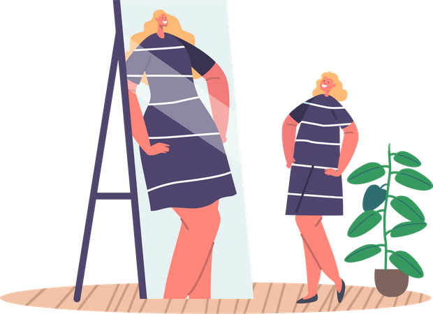 Confident Woman With Distorted Self-perception Looking In Mirror  Illustration
