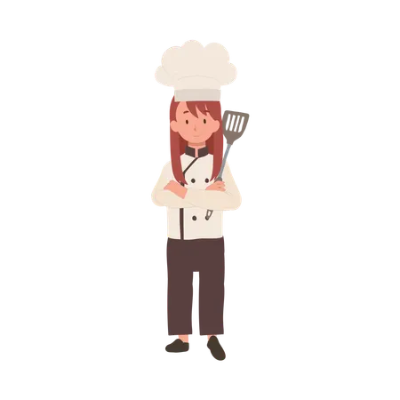 Confident Young Kid Chef With Crossed Arms And Holding Flipper Junior Chef In Chef Hat Illustration