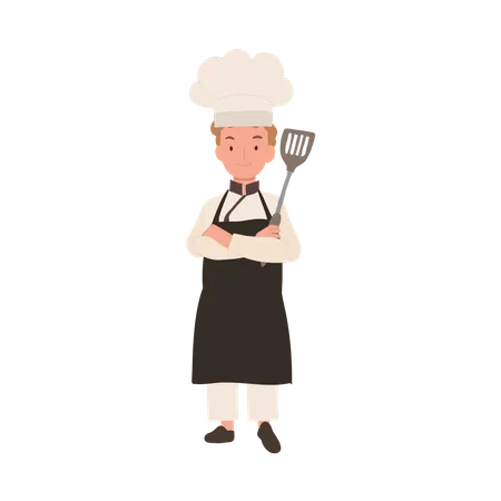 Confident Young Kid Chef With Crossed Arms And Holding Flipper Junior Chef In Chef Hat Illustration