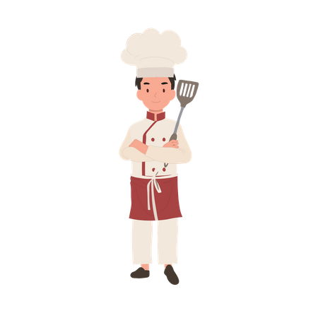 Confident young kid chef with crossed arms and holding flipper  Illustration