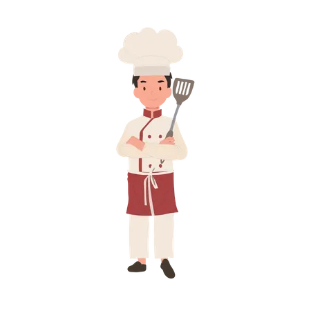 Confident young kid chef with crossed arms and holding flipper  Illustration