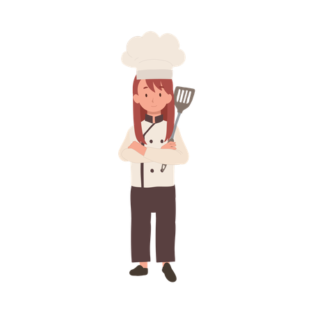 Confident Young Kid Chef with Crossed Arms and holding flipper  Illustration