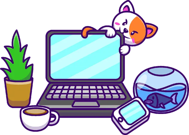 Configuração de gato e laptop  Ilustração