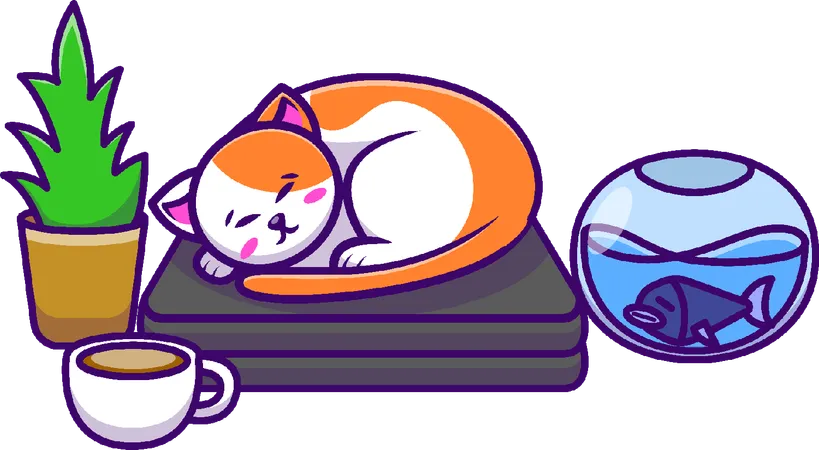 Configuración del gato dormido y la computadora portátil  Ilustración