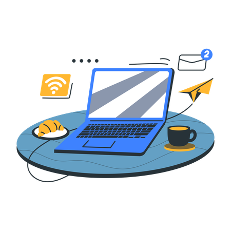 Configuration du travail à distance avec café sur ordinateur portable et notifications  Illustration