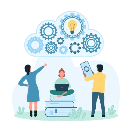 Settings Configuration Of Cloud Service Vector Illustration Cartoon Tiny People With Mobile Phone And Laptop Work With Gears Of Cloud Engine Computing Infrastructure And Digital Data System 일러스트레이션