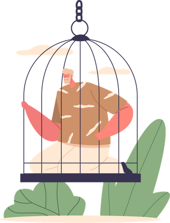 Confined Man Seated Within A Cage  Illustration