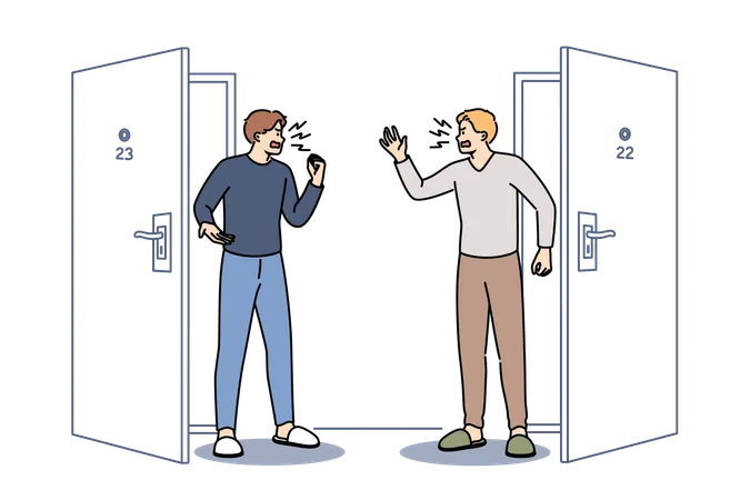 Conflict between neighbors standing in corridor near door shouting insults or mutual grievances  Illustration