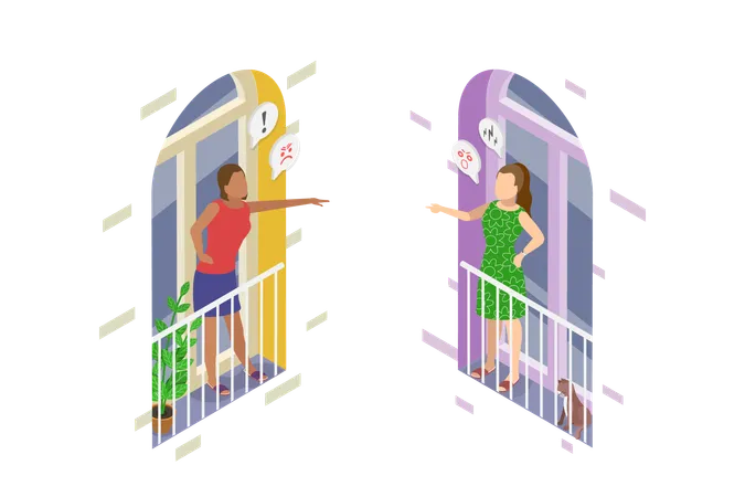 3 D Isometric Flat Vector Illustration Of Furious Female Neighbors Conflict Between Residents Of A Building Illustration