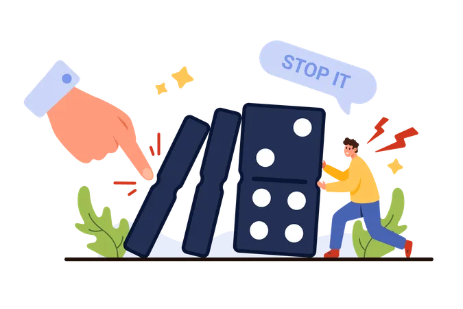 Proactive Crisis Management Conflict And Struggle For Stability Of Company Giant Hand Of Businessman Pushing Domino Blocks Tiny Man Trying To Stop Falling With Effort Cartoon Vector Illustration Illustration