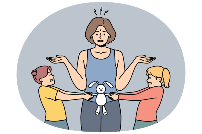 Conflicting children over toy and embarrassed mother throwing up hands and needing help of nanny  Illustration