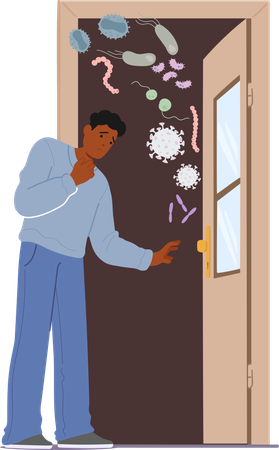 Confronting Various Germs And Bacteria As He Opens  Door  Illustration