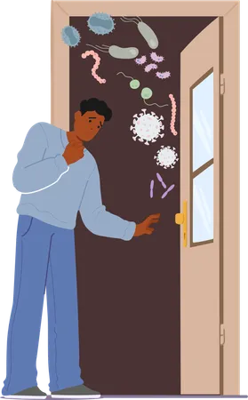 Confronting Various Germs And Bacteria As He Opens  Door  Illustration