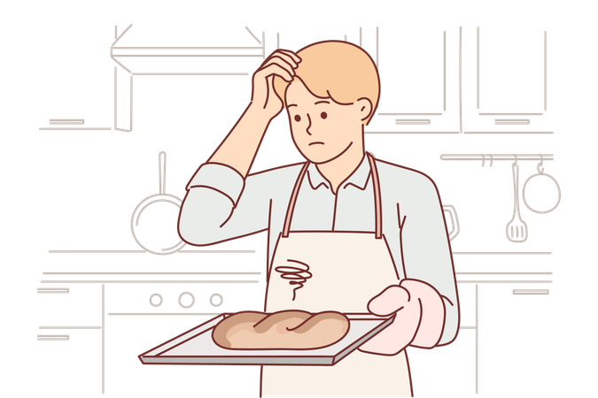 Un boulanger confus tient un plateau avec du pain gâté  Illustration