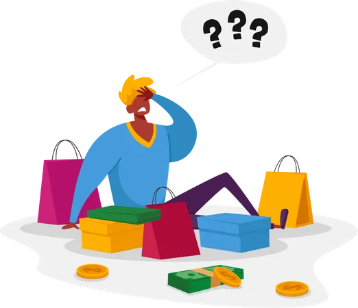 Young Man With Question Marks Above Head Sitting With Colorful Shopping Bags Male Character Shopping Seasonal Sale Discount Shopaholic With Purchases In Paper Packs Cartoon Vector Illustration Illustration