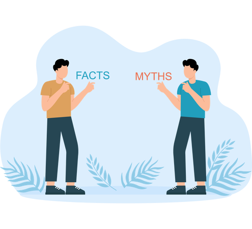Confused and doubtful businessman thinking with curiosity compare between facts or myths.  Illustration