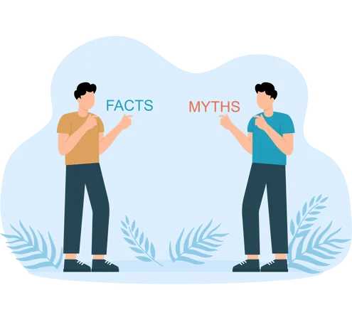 Confused and doubtful businessman thinking with curiosity compare between facts or myths.  Illustration