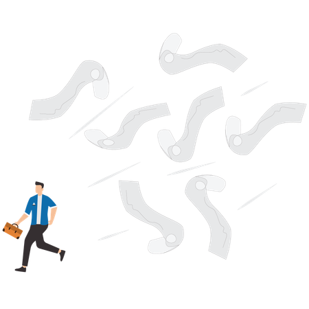 Confused and fearful businessman runaway from chasing paperwork  Illustration