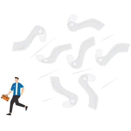 Confused and fearful businessman runaway from chasing paperwork  Illustration