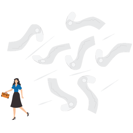 Confused and fearful businesswoman runaway from chasing paperwork  Illustration