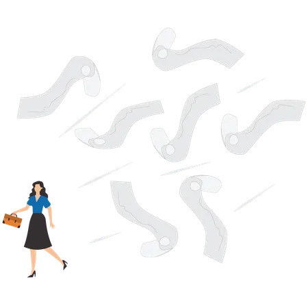 Confused and fearful businesswoman runaway from chasing paperwork  Illustration