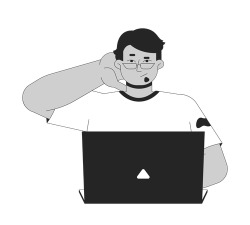 Confused arab man using laptop while scratching back of head  Illustration