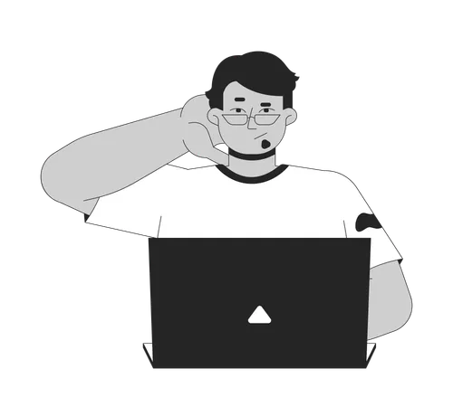 Confused arab man using laptop while scratching back of head  Illustration