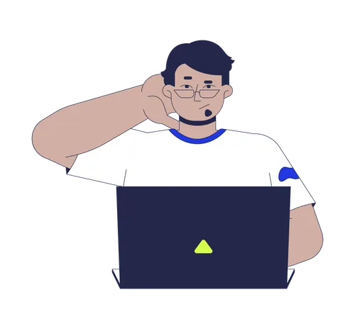 Confused arab man using laptop while scratching back of head  Illustration