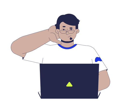 Confused arab man using laptop while scratching back of head  Illustration