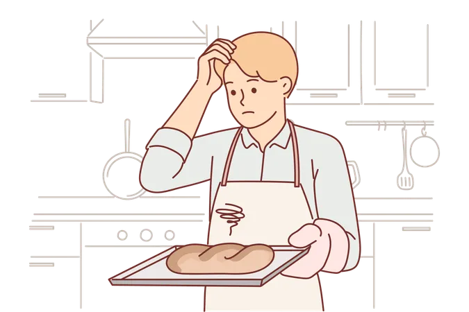 Confused Baker Holds Tray With Spoiled Bread Burnt Due To Non Compliance With Cooking Technology Stands In Kitchen Sad Clumsy Baker Needs Refresher Course Or Professional Education Illustration