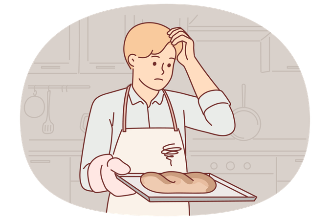 Confused baker holds tray with spoiled bread, burnt due to non-compliance with cooking technology  Illustration