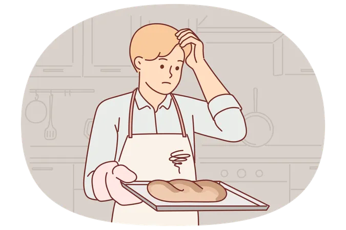 Confused baker holds tray with spoiled bread, burnt due to non-compliance with cooking technology  Illustration