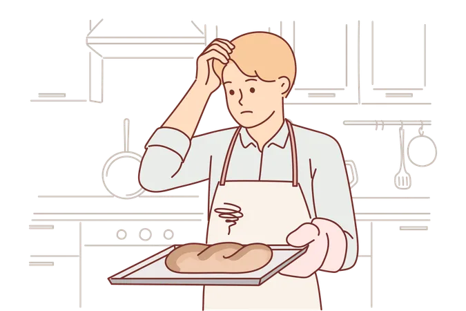 Confused baker holds tray with spoiled bread  Illustration