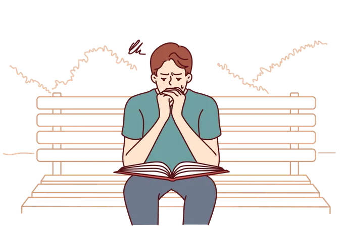 Man Prays Reads Holy Bible Or Gospel Sitting On Bench In Public Park Believing Guy Turns To God And Prays Asking Almighty From Christian Or Catholic Religion For Help In Solving Problems Illustration